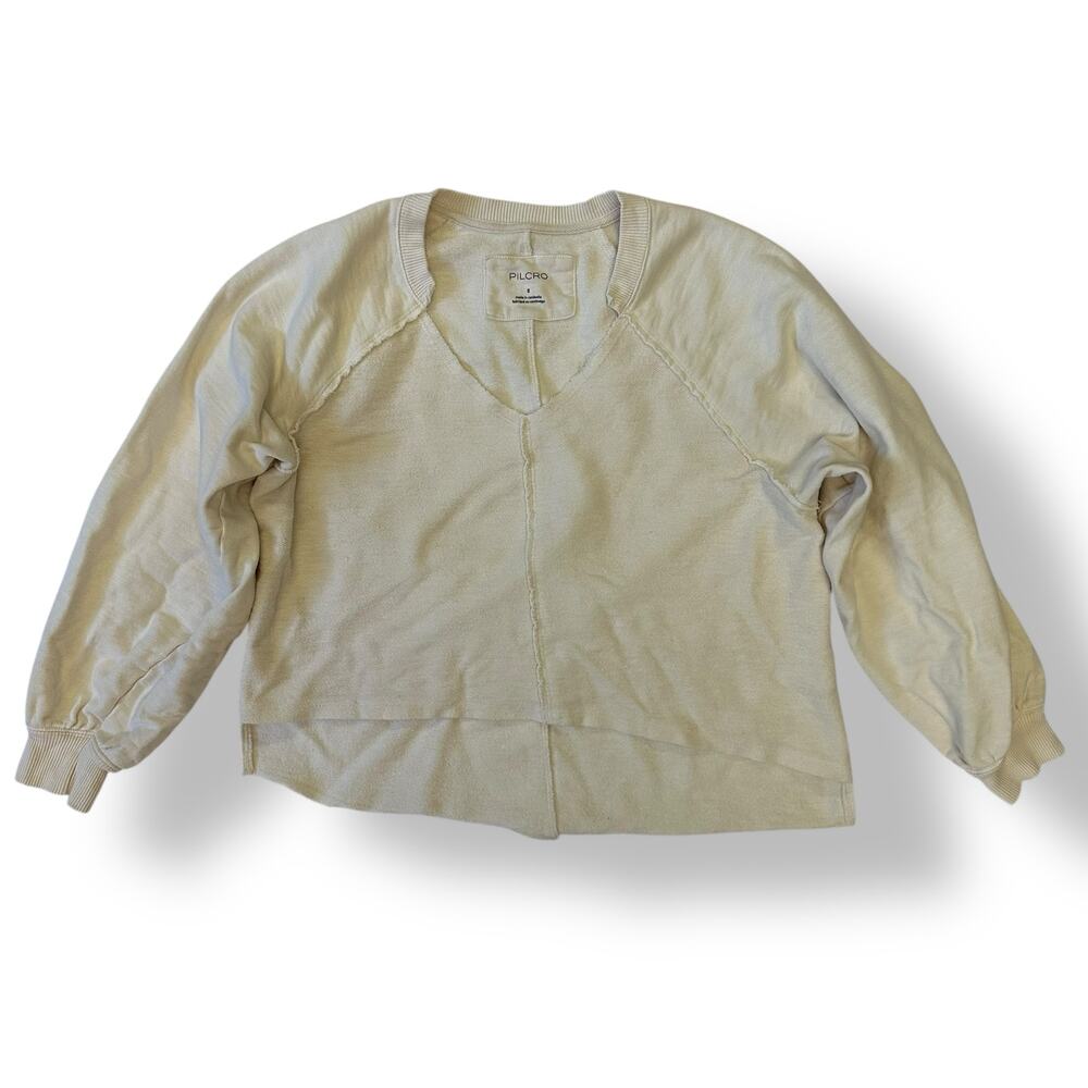 Anthropologie Pilcro Cream Long sleeve V-Neck Raw hem crop Sweatshirt Size Small